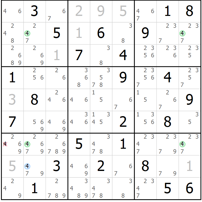 Position des candidats pour la solution de la Gr 58 page 61 du magazine de sudoku Suprême n° 023