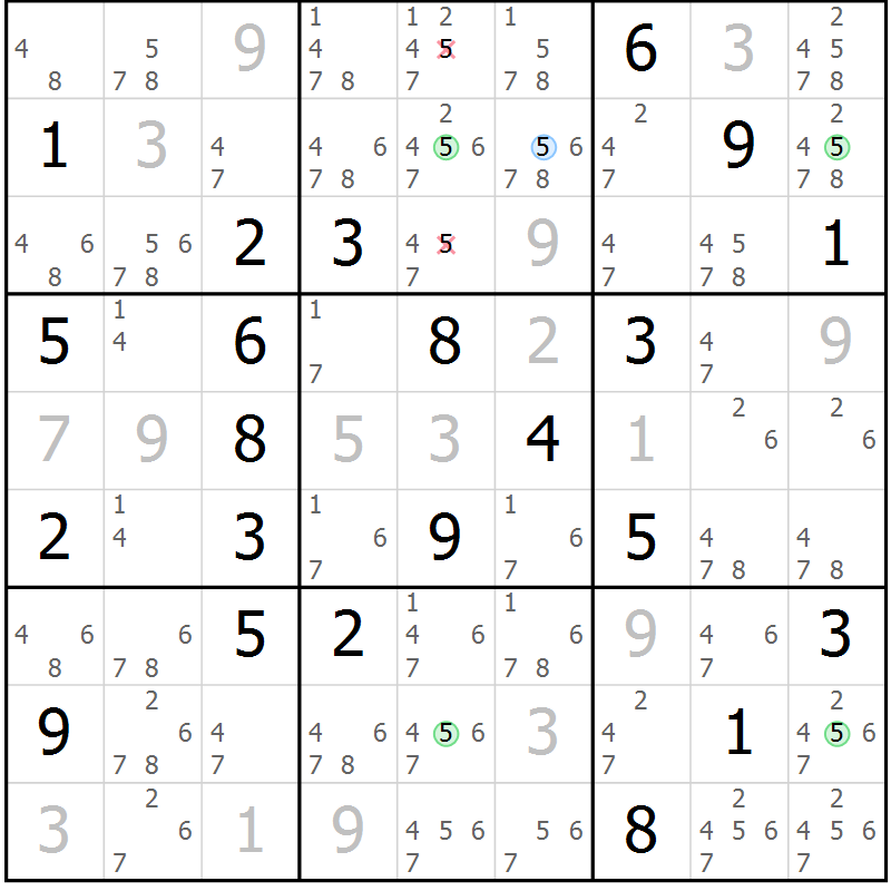 Position des candidats pour la solution de la Gr 6 page 9 du magazine de sudoku Suprême n° 023
