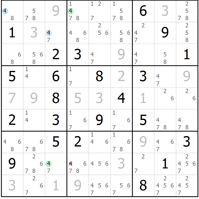 Position des candidats pour la solution de la Gr 6 page 9 du magazine de sudoku Suprême n° 023