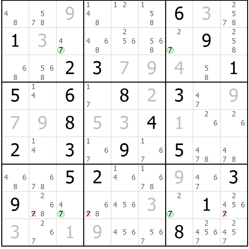 Position des candidats pour la solution de la Gr 6 page 9 du magazine de sudoku Suprême n° 023