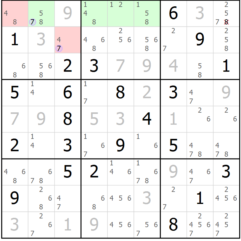 Position des candidats pour la solution de la Gr 6 page 9 du magazine de sudoku Suprême n° 023