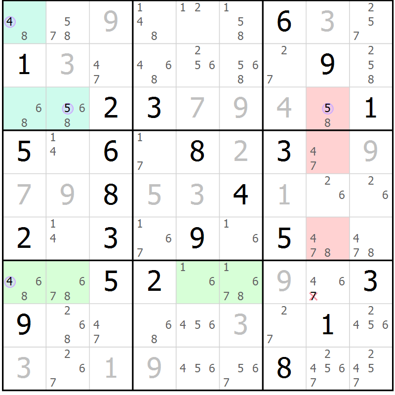 Position des candidats pour la solution de la Gr 6 page 9 du magazine de sudoku Suprême n° 023