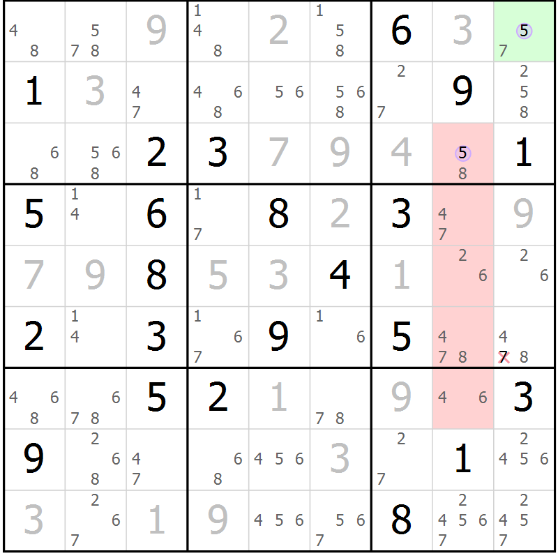 Position des candidats pour la solution de la Gr 6 page 9 du magazine de sudoku Suprême n° 023