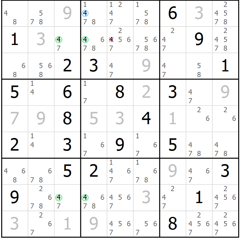Position des candidats pour la solution de la Gr 6 page 9 du magazine de sudoku Suprême n° 023
