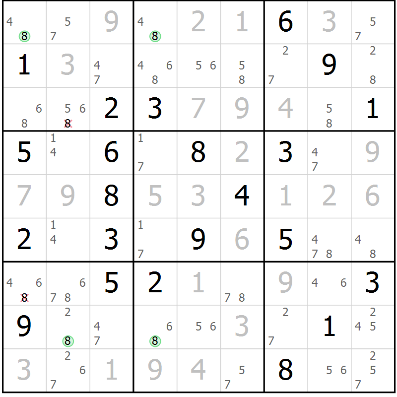 Position des candidats pour la solution de la Gr 6 page 9 du magazine de sudoku Suprême n° 023