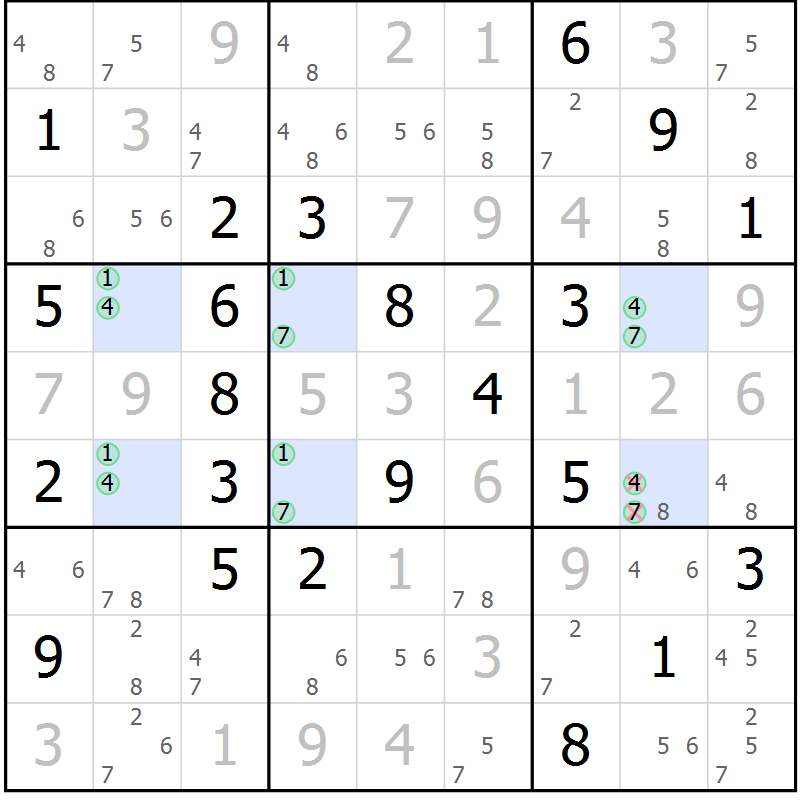 Position des candidats pour la solution de la Gr 6 page 9 du magazine de sudoku Suprême n° 023