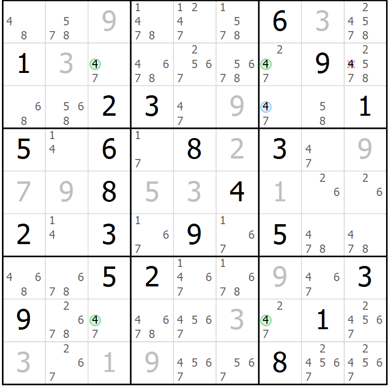 Position des candidats pour la solution de la Gr 6 page 9 du magazine de sudoku Suprême n° 023