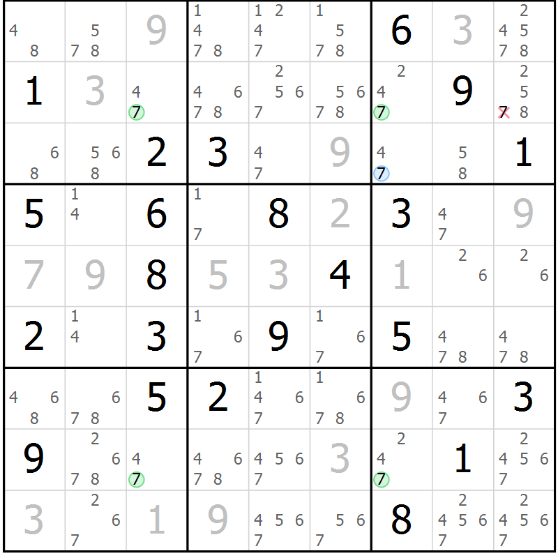 Position des candidats pour la solution de la Gr 6 page 9 du magazine de sudoku Suprême n° 023