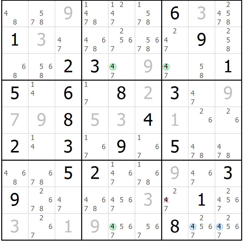 Position des candidats pour la solution de la Gr 6 page 9 du magazine de sudoku Suprême n° 023
