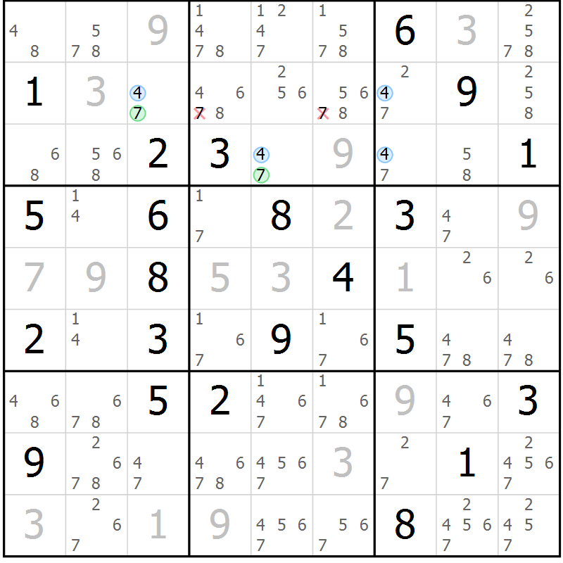 Position des candidats pour la solution de la Gr 6 page 9 du magazine de sudoku Suprême n° 023