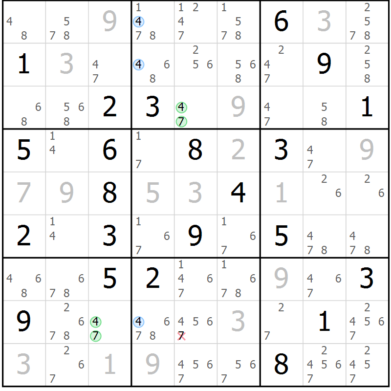 Position des candidats pour la solution de la Gr 6 page 9 du magazine de sudoku Suprême n° 023