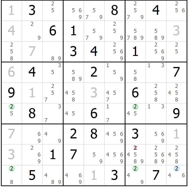 Position des candidats pour la solution de la Gr 60 page 63 du magazine de sudoku Suprême n° 023