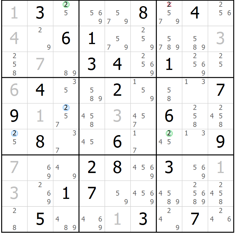 Position des candidats pour la solution de la Gr 60 page 63 du magazine de sudoku Suprême n° 023