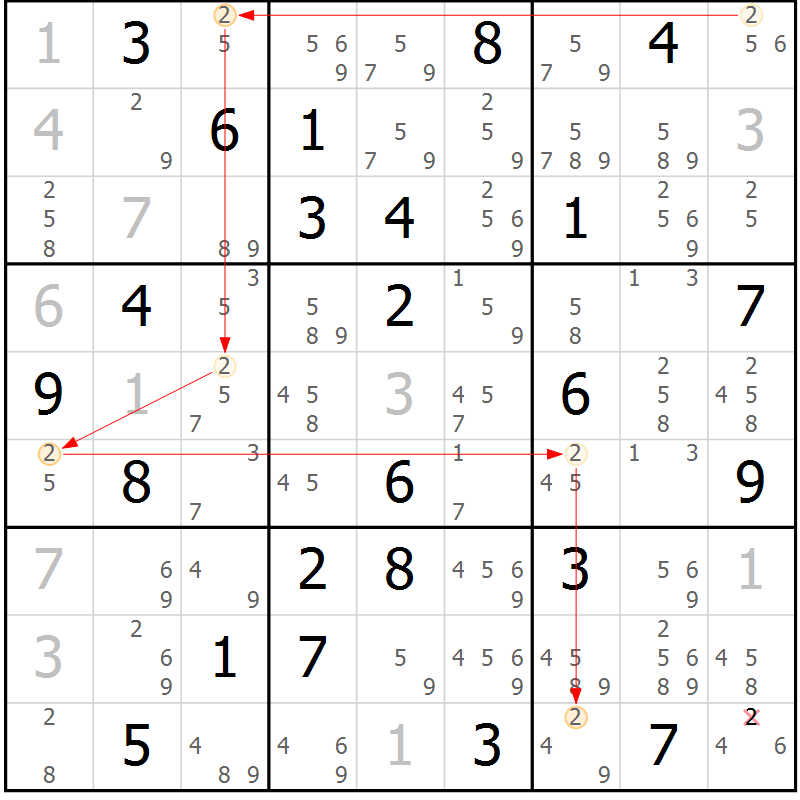 Position des candidats pour la solution de la Gr 60 page 63 du magazine de sudoku Suprême n° 023
