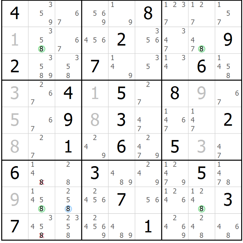 Position des candidats pour la solution de la Gr 61 page 64 du magazine de sudoku Suprême n° 023