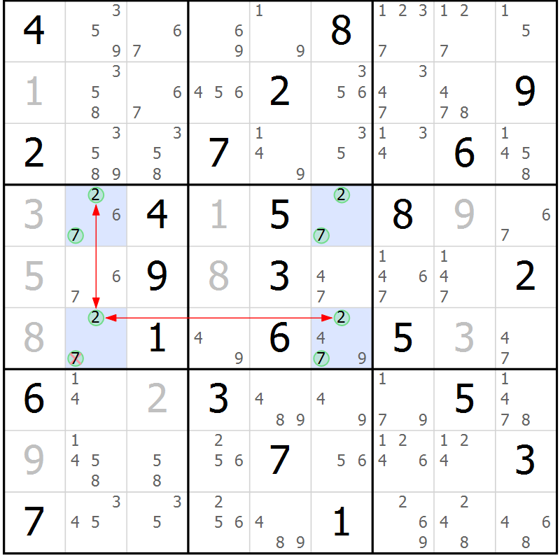 Position des candidats pour la solution de la Gr 61 page 64 du magazine de sudoku Suprême n° 023