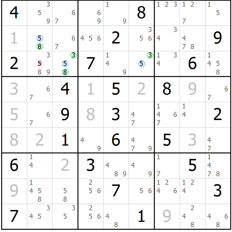 Position des candidats pour la solution de la Gr 61 page 64 du magazine de sudoku Suprême n° 023