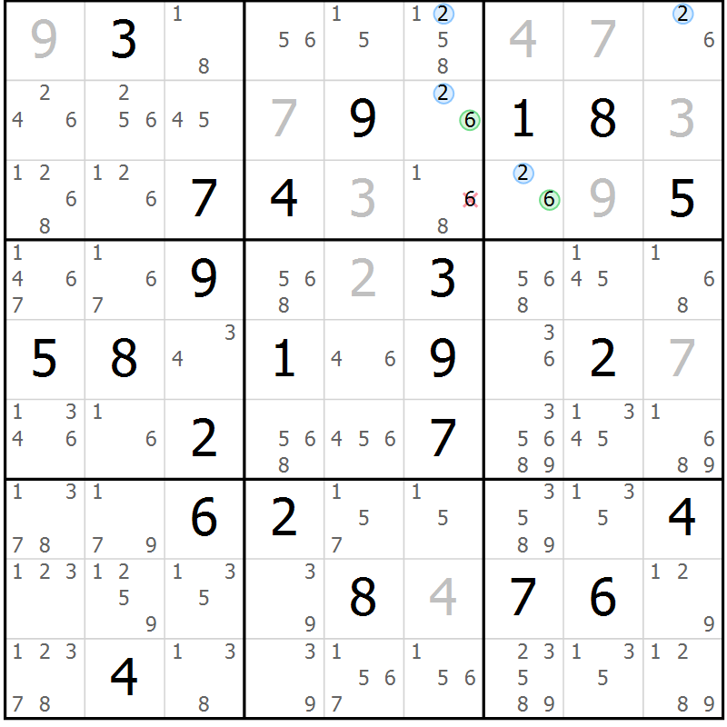 Position des candidats pour la solution de la Gr 64 page 67 du magazine de sudoku Suprême n° 023