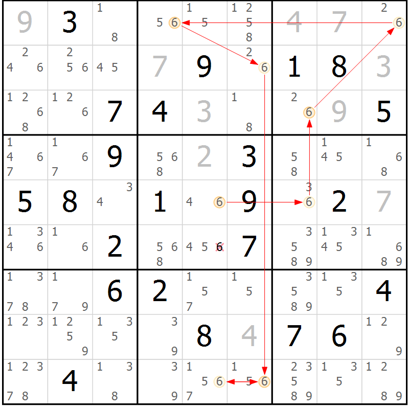 Position des candidats pour la solution de la Gr 64 page 67 du magazine de sudoku Suprême n° 023