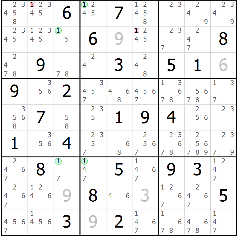 Position des candidats pour la solution de la Gr 67 page 70 du magazine de sudoku Suprême n° 023