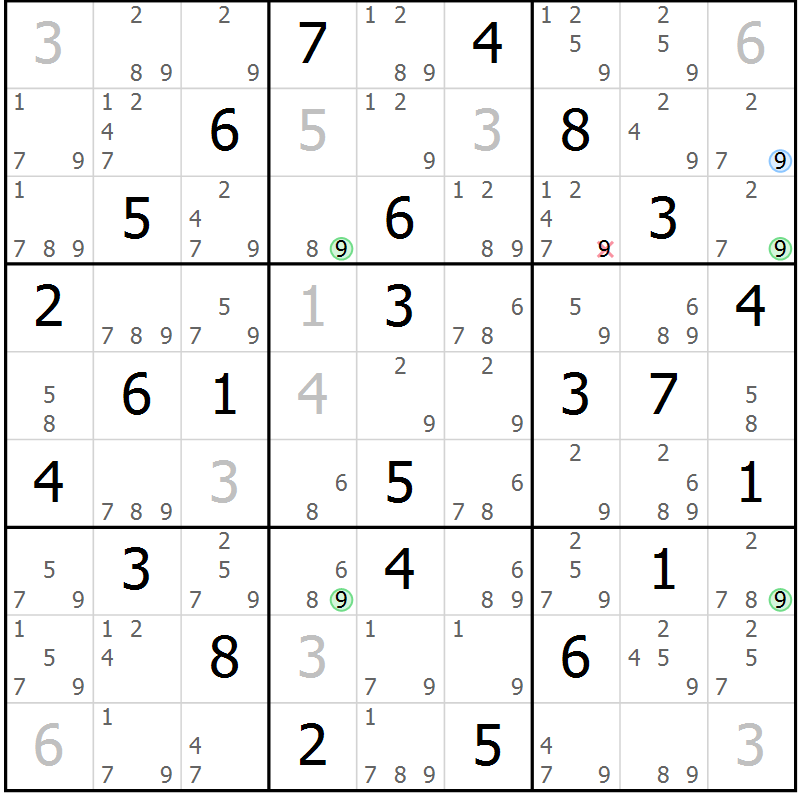 Position des candidats pour la solution de la Gr 68 page 71 du magazine de sudoku Suprême n° 023