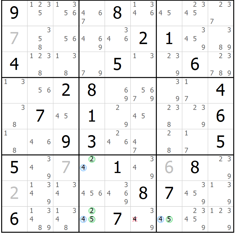Position des candidats pour la solution de la Gr 70 page 73 du magazine de sudoku Suprême n° 023