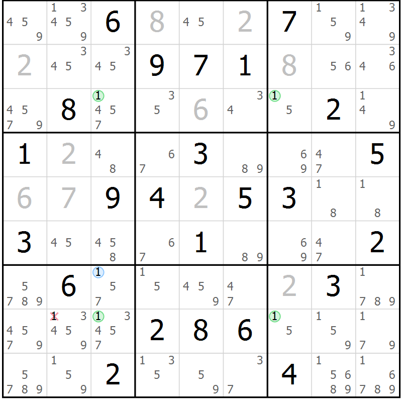 Position des candidats pour la solution de la Gr 72 page 75 du magazine de sudoku Suprême n° 023