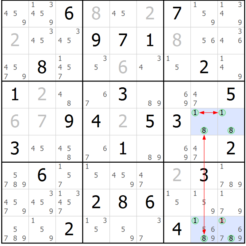 Position des candidats pour la solution de la Gr 72 page 75 du magazine de sudoku Suprême n° 023