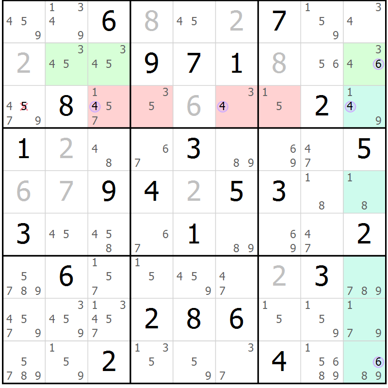 Position des candidats pour la solution de la Gr 72 page 75 du magazine de sudoku Suprême n° 023