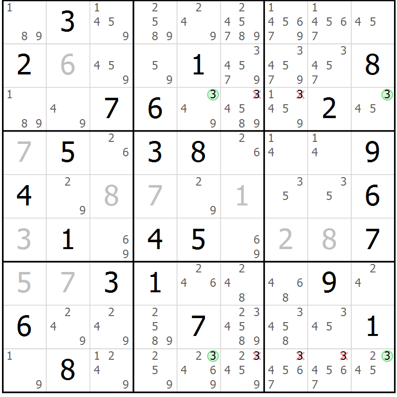 Position des candidats pour la solution de la Gr 75 page 78 du magazine de sudoku Suprême n° 023