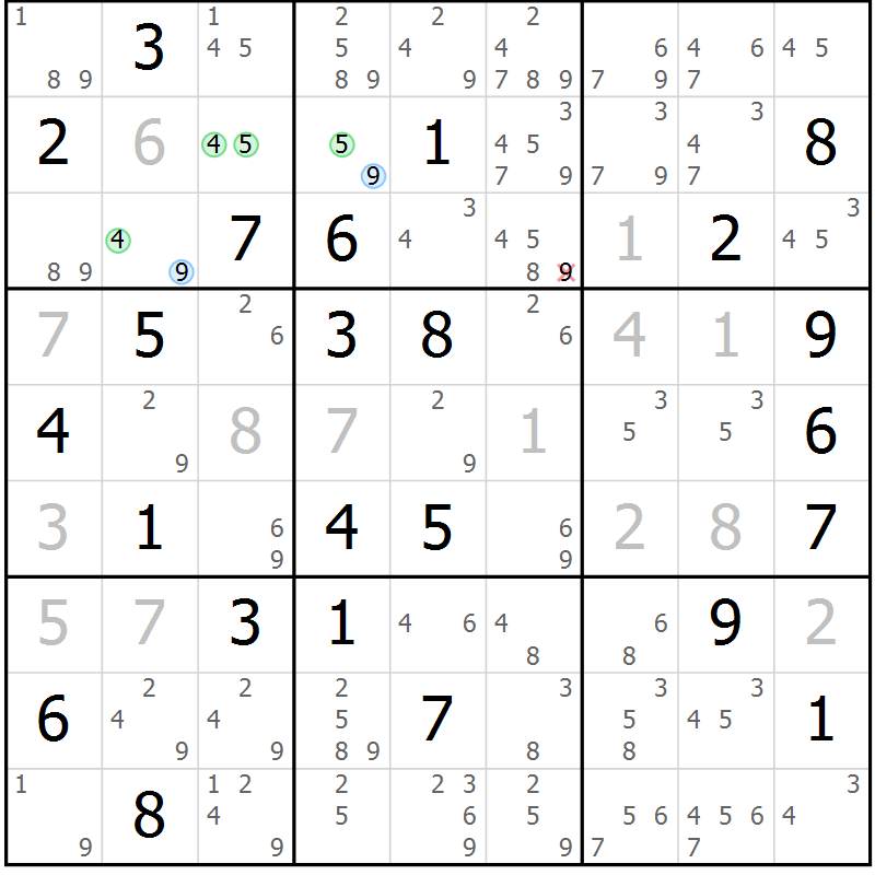Position des candidats pour la solution de la Gr 75 page 78 du magazine de sudoku Suprême n° 023