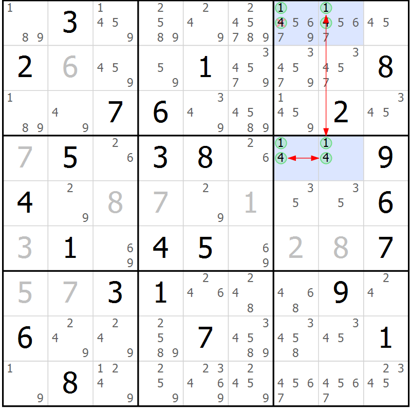 Position des candidats pour la solution de la Gr 75 page 78 du magazine de sudoku Suprême n° 023