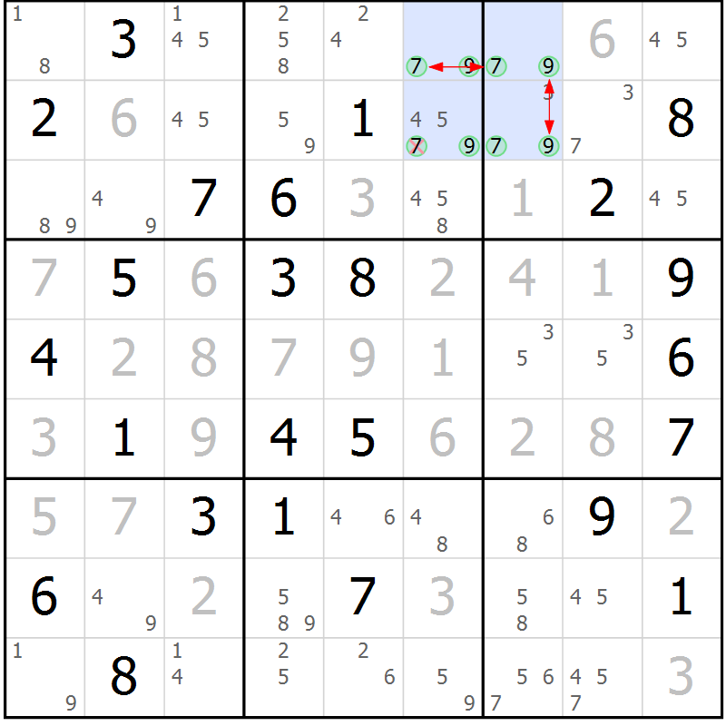 Position des candidats pour la solution de la Gr 75 page 78 du magazine de sudoku Suprême n° 023