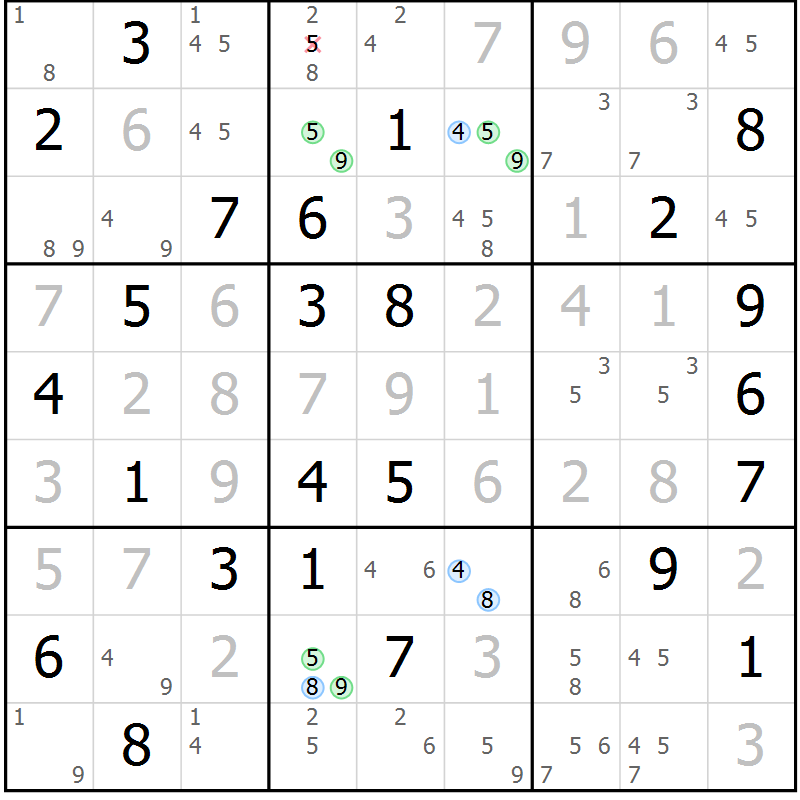Position des candidats pour la solution de la Gr 75 page 78 du magazine de sudoku Suprême n° 023
