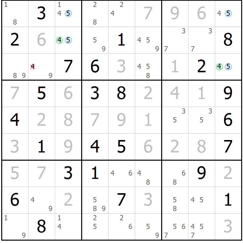 Position des candidats pour la solution de la Gr 75 page 78 du magazine de sudoku Suprême n° 023