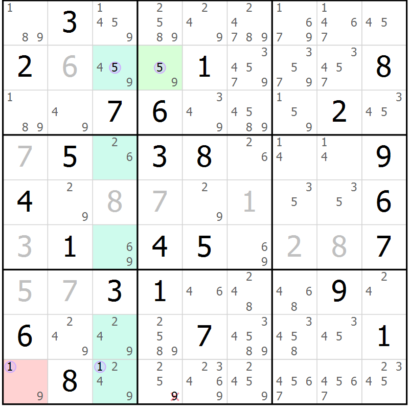 Position des candidats pour la solution de la Gr 75 page 78 du magazine de sudoku Suprême n° 023
