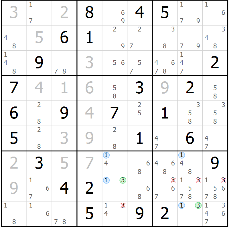Position des candidats pour la solution de la Gr 78 page 81 du magazine de sudoku Suprême n° 023
