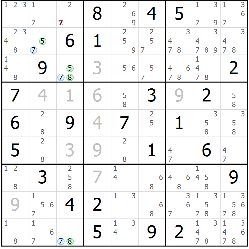 Position des candidats pour la solution de la Gr 78 page 81 du magazine de sudoku Suprême n° 023