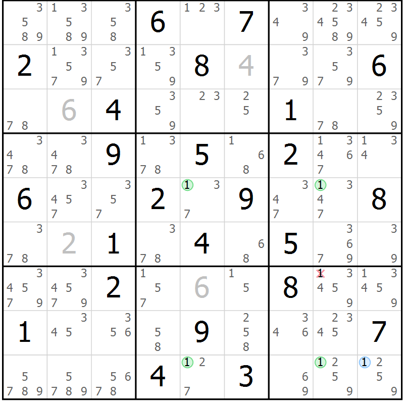 Position des candidats pour la solution de la Gr 82 page 85 du magazine de sudoku Suprême n° 023