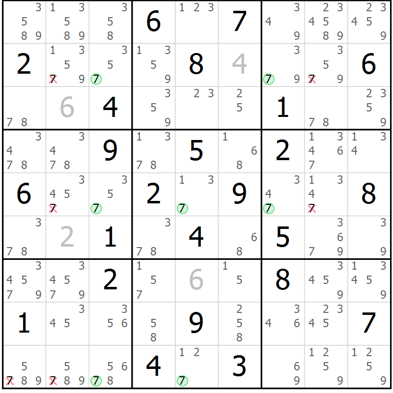 Position des candidats pour la solution de la Gr 82 page 85 du magazine de sudoku Suprême n° 023
