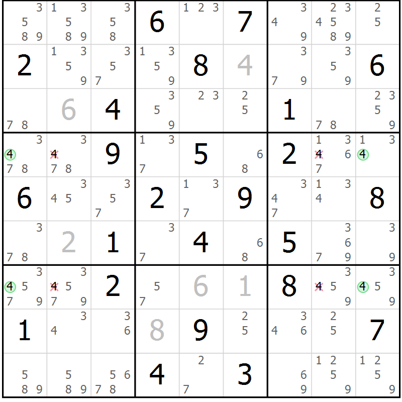 Position des candidats pour la solution de la Gr 82 page 85 du magazine de sudoku Suprême n° 023