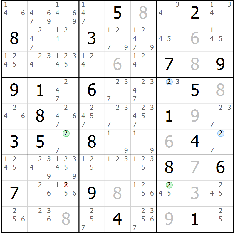 Position des candidats pour la solution de la Gr 9 page 12 du magazine de sudoku Suprême n° 023