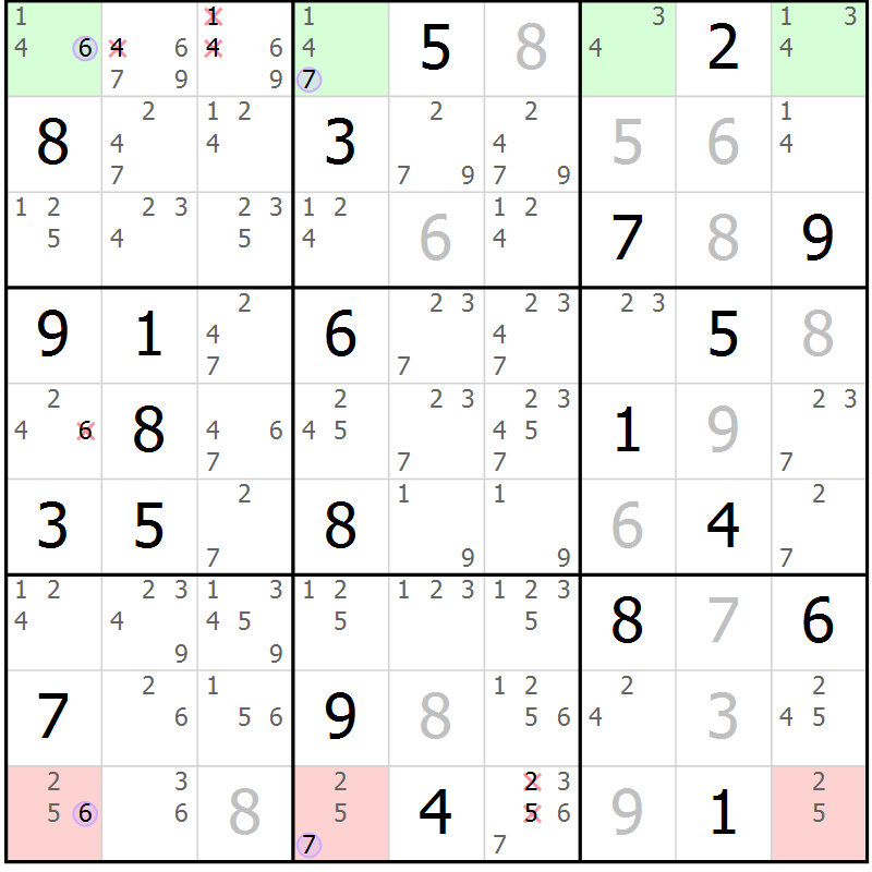 Position des candidats pour la solution de la Gr 9 page 12 du magazine de sudoku Suprême n° 023