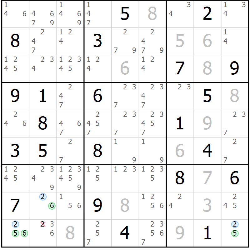 Position des candidats pour la solution de la Gr 9 page 12 du magazine de sudoku Suprême n° 023
