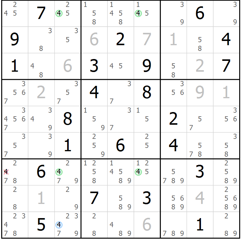 Position des candidats pour la solution de la Gr 10 page 13 du magazine de sudoku Suprême n° 024