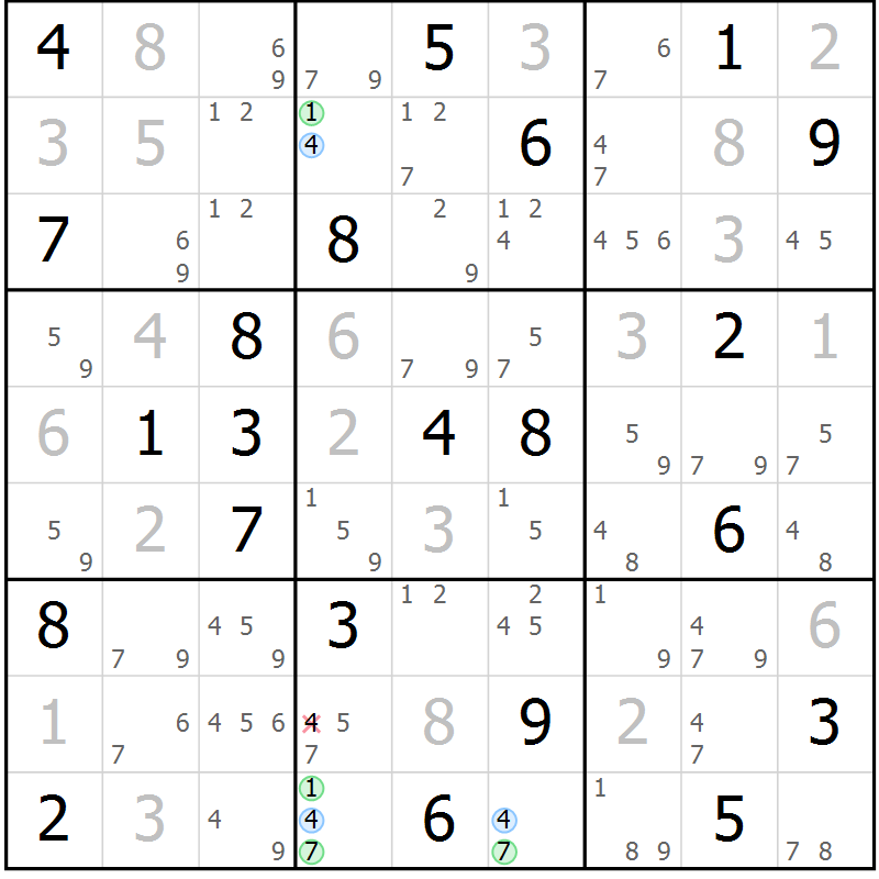 Position des candidats pour la solution de la Gr 11 page 14 du magazine de sudoku Suprême n° 024