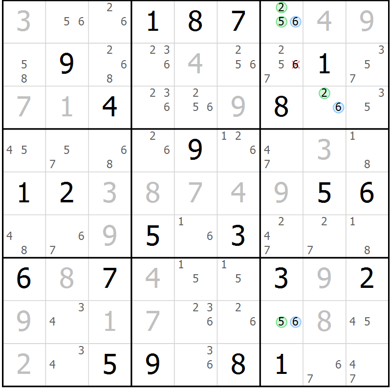 Position des candidats pour la solution de la Gr 17 page 20 du magazine de sudoku Suprême n° 024