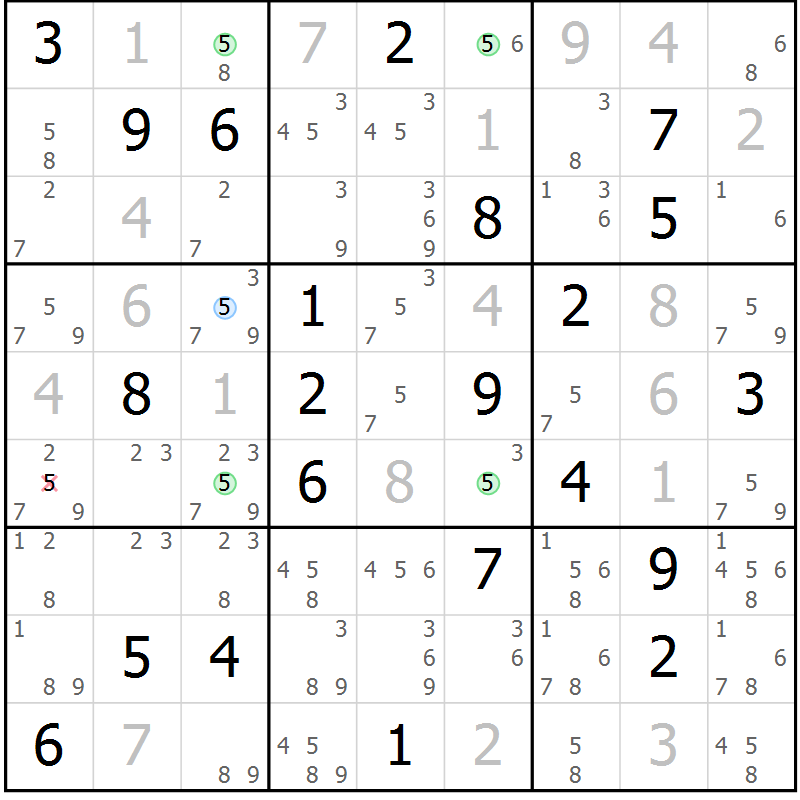 Position des candidats pour la solution de la Gr 18 page 21 du magazine de sudoku Suprême n° 024