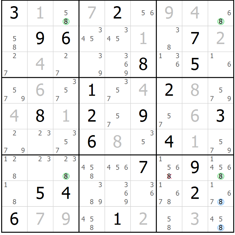 Position des candidats pour la solution de la Gr 18 page 21 du magazine de sudoku Suprême n° 024
