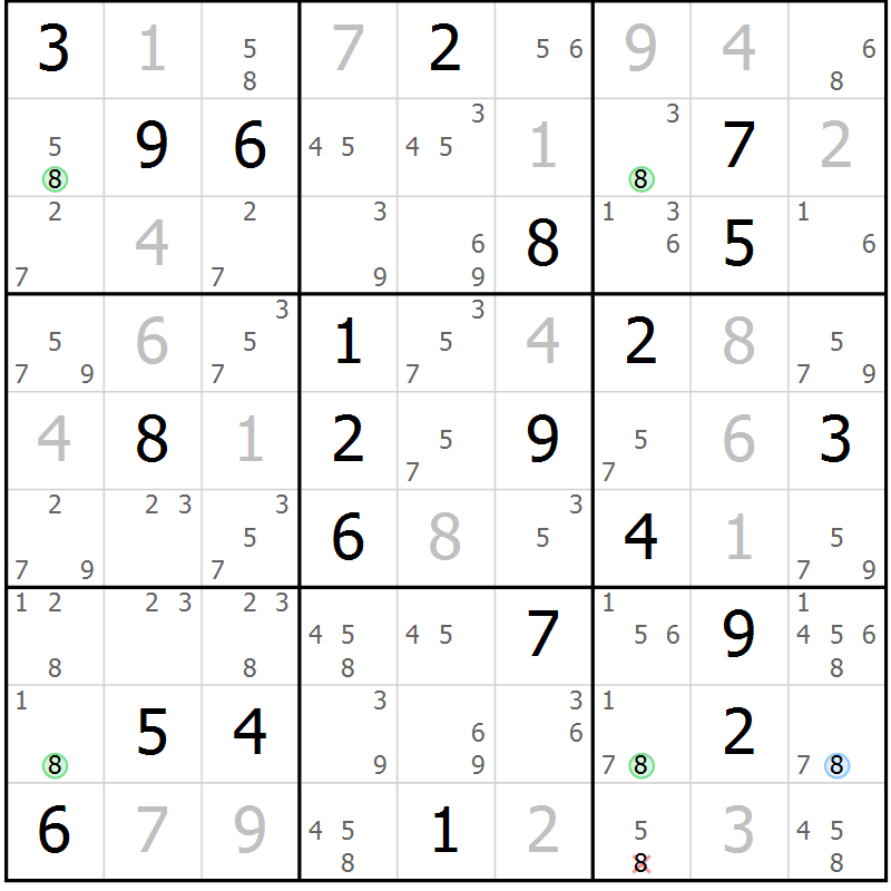 Position des candidats pour la solution de la Gr 18 page 21 du magazine de sudoku Suprême n° 024